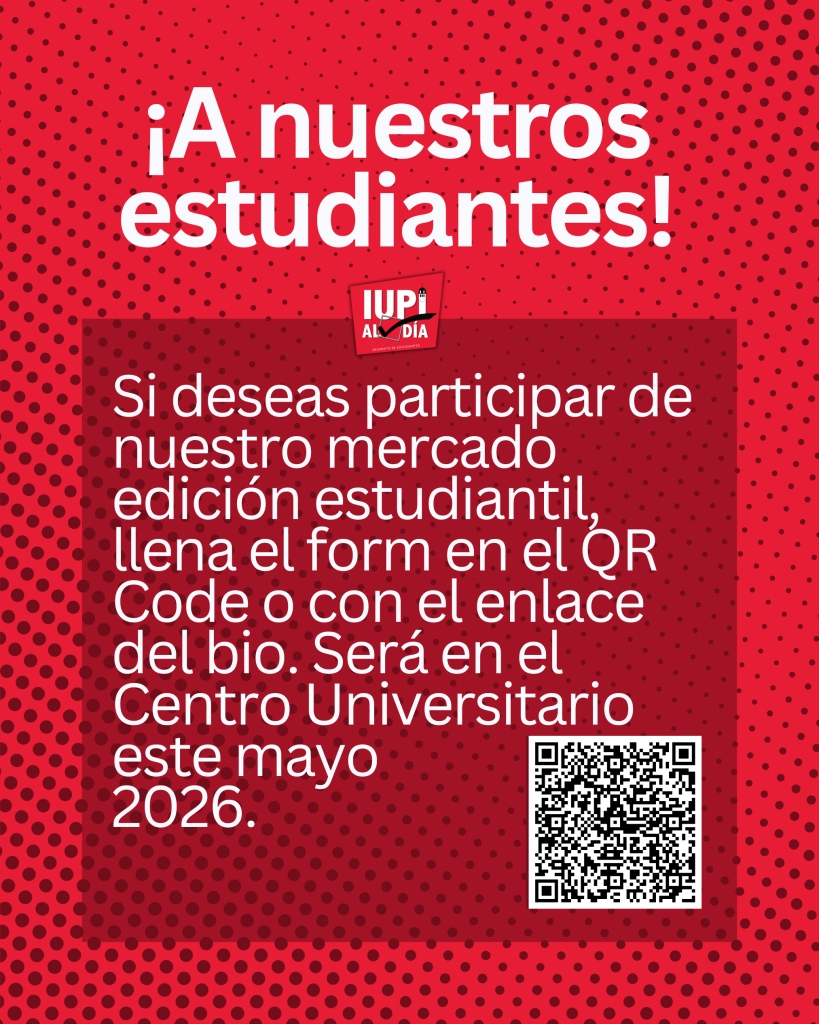 Participa del mercado estudiantil A Nuestros Estudiantes La fecha límite para recibir solicitudes es el viernes, 13 de marzo de 2026 Con el motivo de apoyar el talento emprendedor de nuestros gallitos y jerezanas, la Unidad de Eventos adscrita al Decanato de Estudiantes invita a los estudiantes emprendedores a participar del mercado estudiantil A Nuestros Estudiantes. La actividad será el miércoles, 6 de mayo de 2026 en el horario de 10:00 a.m. a 4:00 p.m. Para participar deben ser estudiantes activos del Recinto de Río Piedras y completar el siguiente formulario para ser evaluados: https://bit.ly/MercadoEstudiantilUPRRP. En el formulario se solicitarán sus datos personales, la facultad a la que pertenece, una descripción breve del producto que vende y una image del mismo. Completar el formulario no garantiza la participación en la actividad; las personas seleccionadas recibirán un correo electrónico con todos los detalles de la actividad. La fecha límite para recibir solicitudes es el viernes, 13 de marzo de 2026. ¡Llena la solicitud hoy para que puedas participar del evento! Para más información, pueden escribir a eventos.riopiedras@upr.edu o en las redes sociales de IUPI al Día.